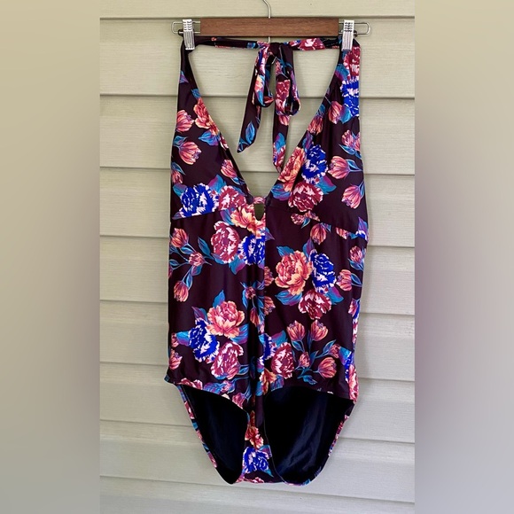 Modcloth Black Floral Halter bathing suit One Piece Swimsuit chic low cut sz 2X - Picture 9 of 15